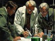 Three men in lab coats are looking at a green liquid in a beaker. They are discussing the properties of the liquid and its potential uses. Scene is serious and focused