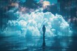 © wasan - Man standing in a room with a large window looking out at the clouds.