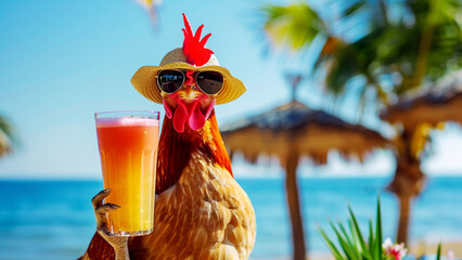 Wall Mural - Funny rooster in a straw hat and sunglasses on the ocean shore