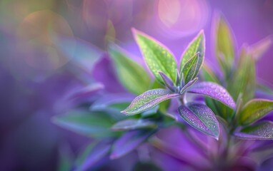 Poster - AI generated illustration of Dew-Kissed Green Leaves Basking in Ethereal Purple Light