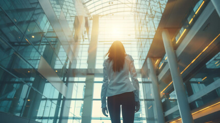 Wall Mural - Business woman looking up at the glass ceiling and walking alone in the atrium of a modern office building