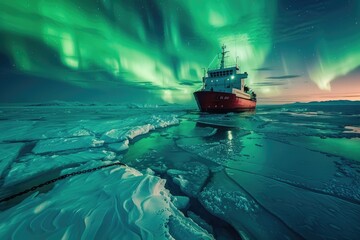 Solitary cargo ship glides through icy Arctic waters under a vibrant display of the Aurora Borealis