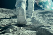 Close up of behind step of an astronaut walking on the moon 
