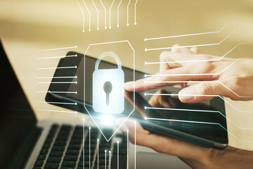 Poster - Double exposure of creative lock hologram with chip and with finger clicks on a digital tablet on background. Information security concept