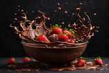 Fototapeta  - Chocolate splash with strawberry ai generated. Strawberries falling into the chocolate waves and drops. Generative AI