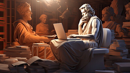 Ancient philosopher with a laptop.