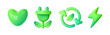 Green energy 3d icon. Green heart, arrows recycle symbol, lightning bolt , electric charge plug. Renewable sources concept, reuse, refresh, sustainable energy, saving green planet. Vector illustration