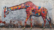 Giraffe a spray painted in the brick wall, street art concept.