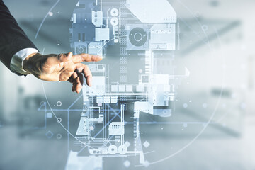 Poster - Double exposure of man hand presses on creative artificial Intelligence hologram on blurred office background. Neural networks and machine learning concept