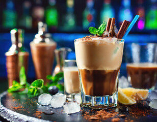 Wall Mural - Iced coffee with ice cubes, cinnamon and mint on a bar counter 