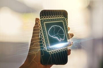 Poster - Creative artificial Intelligence concept with human brain sketch and hand with mobile phone on background. Double exposure