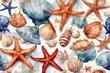 © akkash jpg - 'seahorse crabs background hand drawing shells watercolor isolated starfish pearl crab shell sea seashell beach collection white nature marin mollusc set ocean animal group star snail summer clam'