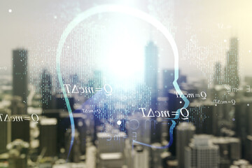 Poster - Abstract virtual artificial Intelligence concept with human head sketch on blurry skyscrapers background. Double exposure