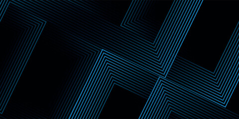 Wall Mural - Black abstract background with glowing geometric lines. Modern shiny blue lines pattern. Elegant graphic design. Futuristic technology concept. Suit for poster, banner, brochure, cover, website, flyer