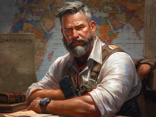 Wall Mural - A man with a beard and a white shirt sits at a desk with a map behind him. He is wearing a watch and a backpack