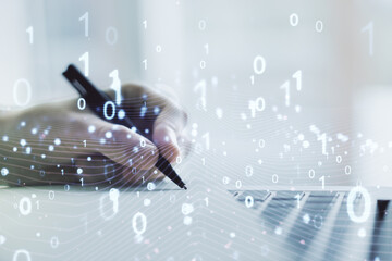 Aufkleber - Creative abstract binary code hologram and hand writing in diary on background with laptop, AI and machine learning concept. Multiexposure