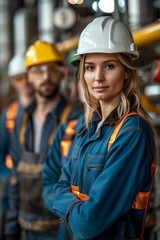 Poster - Generative AI : three persons engineer wearing white helmet with blue Jumpsuit with black top , standing in glass factory.