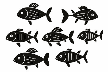 Wall Mural - Set of fun and cute black and white fish. Vector illustration