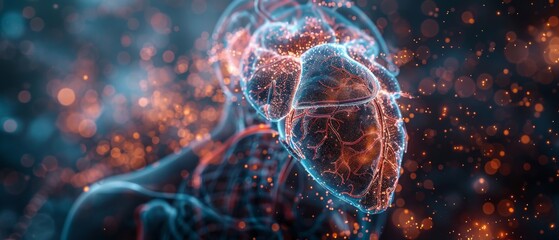 Poster - Doctor and hologram of the heart. Future health care. Modern medical science and high-tech diagnostic panel. Mixed medium, copyspace.