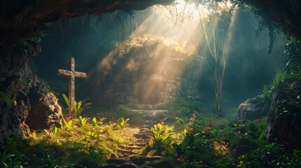 Wall Mural - Empty Tomb With Crucifixion At Sunrise - Resurrection Concept. Resurrection - Light In Tomb Empty With Crucifixion At Sunrise, easter , jesus , christian ,background