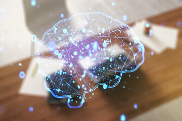Poster - Creative artificial Intelligence concept with human brain sketch and modern desktop with pc on background. Double exposure