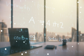 Poster - Double exposure of creative scientific formula concept and modern desktop with laptop on background, research and development concept