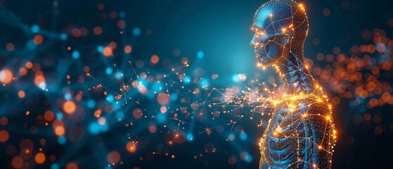 Wall Mural - an animated low poly wireframe of a human body with scattered particles and light effects on a dark 