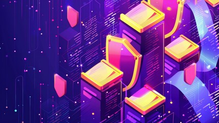 Poster - The concept of mobile document management is illustrated in modern isometric form. White gold shields cover a waterfall of electronic data, protecting it and managing it on a background of