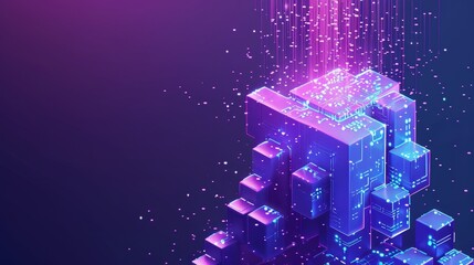 Poster - Isometric modern illustration of a big data waterfall or cascade with streams of numbers in an ultraviolet vertical banner. Horizontal banner with streams of numbers in an ultra violet font.