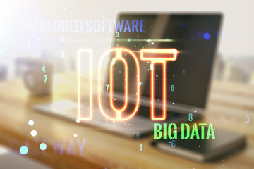 Poster - Creative IOT illustration and modern desktop with pc on background, future technology concept. Multiexposure