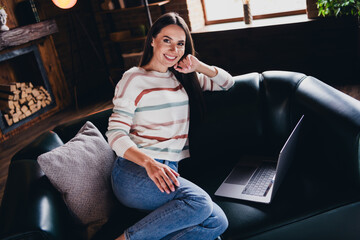 Poster - Photo of charming pretty lady dressed striped sweater remote working modern gadget indoors house room