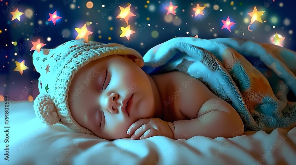 Generative AI : cute baby sleeping in the night sky with sparkles stars ...