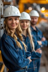 Poster - Generative AI : three persons engineer wearing white helmet with blue Jumpsuit with black top , standing in glass factory.