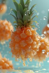 Poster - Generative AI : Tumbling spineapple juice, suspended in mid-air, soggy, with splashing water droplets, the background is pale blue