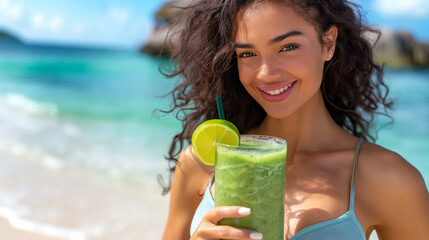 Sticker - Woman drinking vegetable Green detox smoothie after fitness running workout on summer day. Fitness and healthy lifestyle concept with beautiful fit mixed race Asian Caucasian model outside on beach.