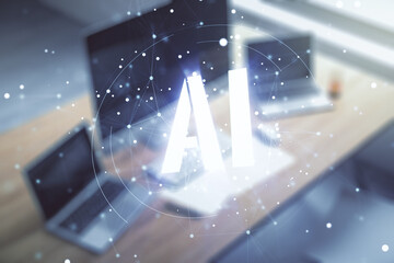 Poster - Creative artificial Intelligence symbol concept and modern desktop with computer on background. Multiexposure