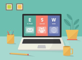 Fototapete - Ambiente E S W  e-mail  sociale strategia aziendale di investimento su computer portatile - illustrazioni web 