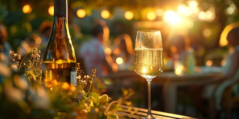 Poster - Generative AI : image of summer garden with tabel on which there is a glass with white wine and open bottle