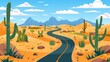 A summer landscape of western American desert with orange mountains and sand dunes in Arizona or Mexico. Modern cartoon illustration.