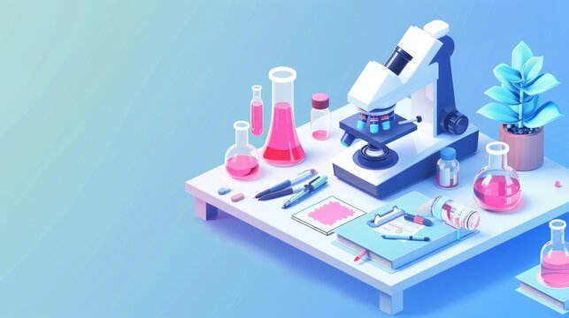 Banner for working from home. A modern illustration of a laboratory at home with a microscope on a desk illustrating distant science work with chemical or medical experiments.