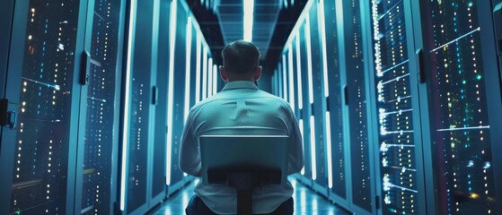 Poster - Work for an IT company on a laptop in a large data center where rack servers are located. This technician performs diagnostics and maintenance as well as setting up the system.