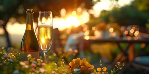 Poster - Generative AI : image of summer garden with tabel on which there is a glass with white wine and open bottle