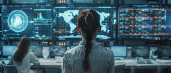 Poster - A female engineer controller observes the system's working. In the background, a number of people are active and monitors provide various information.