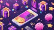 Bonus rewards program isometric landing page. Online shopping service application, credit card in-store smartphone, gift boxes, bags, piggy banks and golden stars, 3d modern web banner.