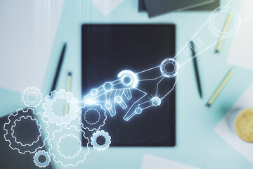 Aufkleber - Double exposure of robotics technology hologram and digital tablet on background, top view. Research and development software concept