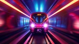 Fototapeta Przestrzenne - Commuter railway train in a metro tunnel, locomotive on rails with glowing headlights. A realistic 3D modern illustration of an underground train.