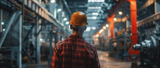 Wall Mural - A factory worker in a hard hat walks through an industrial facility.