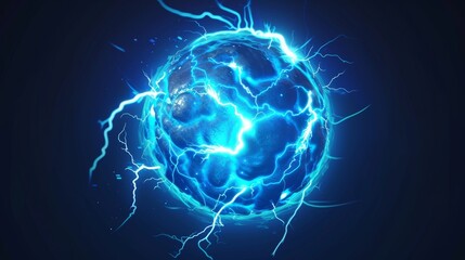 Poster - Lightning strike, plasma sphere or magical energy flash in blue color isolated on black background. Powerful electrical discharge, realistic 3D modern illustration.