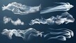 Realistic 3d modern isolated clip art of wind-blown smoke, powder or water drops trail, steaming chemical or cosmetics product vapour, haze, and mist.