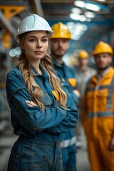 Aufkleber - Generative AI : three persons engineer wearing white helmet with blue Jumpsuit with black top , standing in glass factory.